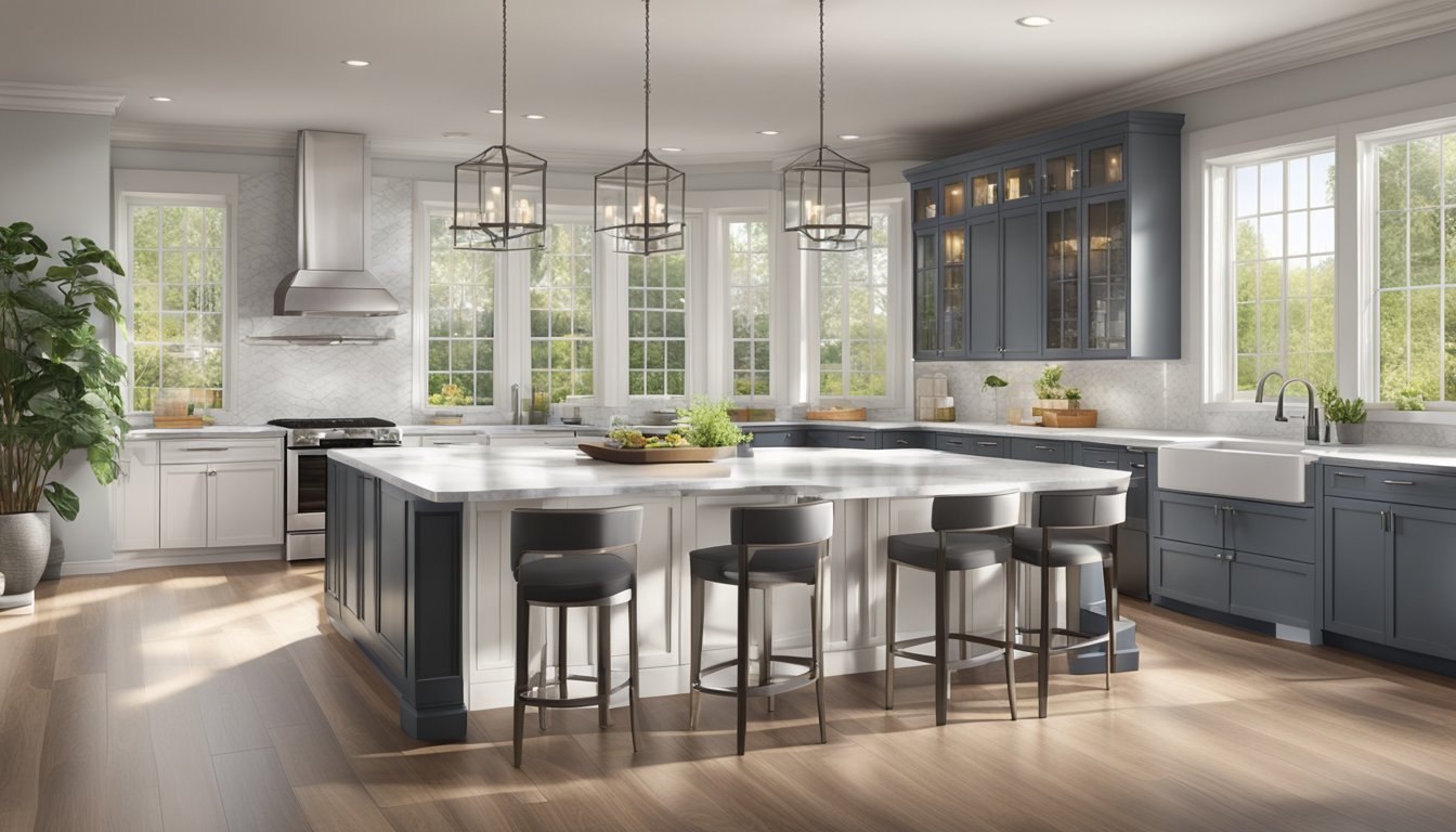 An open concept kitchen with a large central island, stainless steel appliances, and natural light pouring in from large windows