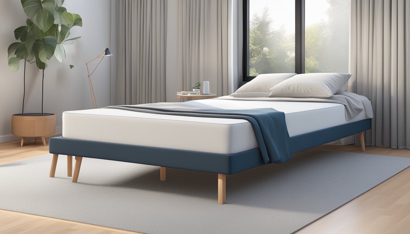 A super single mattress measuring 90 x 200 cm sits on a simple bed frame in a minimalist bedroom
