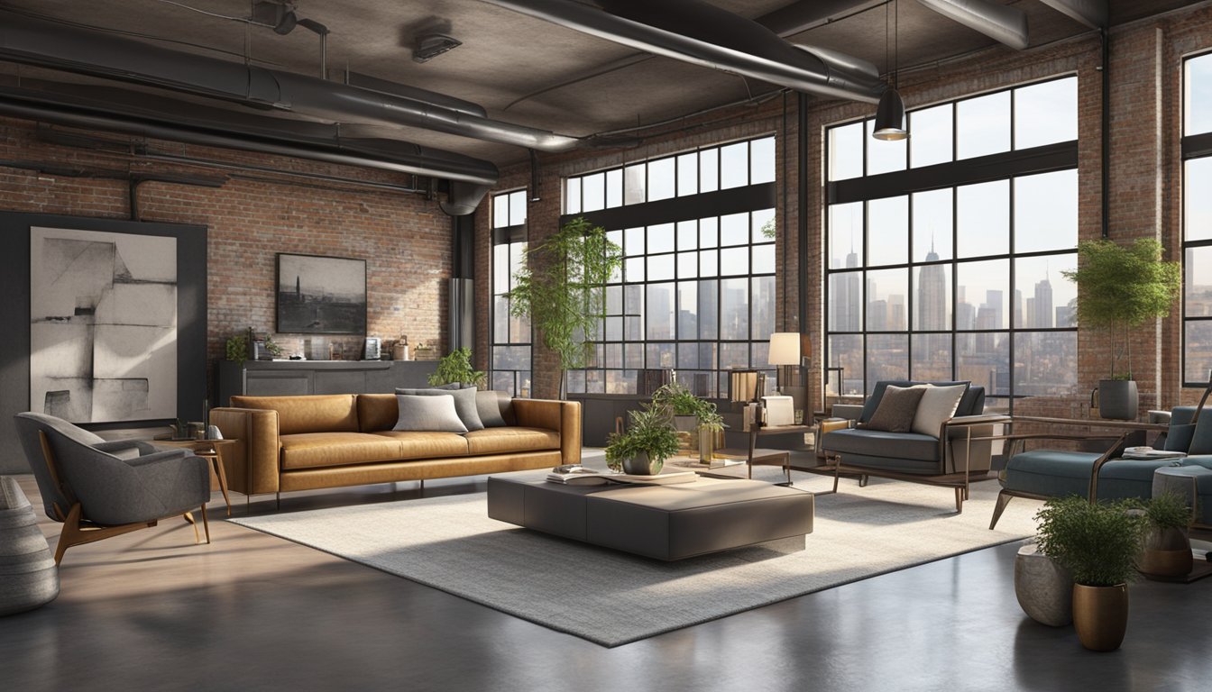 A spacious industrial loft with exposed brick walls, metal beams, and large windows overlooking a city skyline. A mix of modern and vintage furniture, concrete floors, and minimalist decor complete the scene