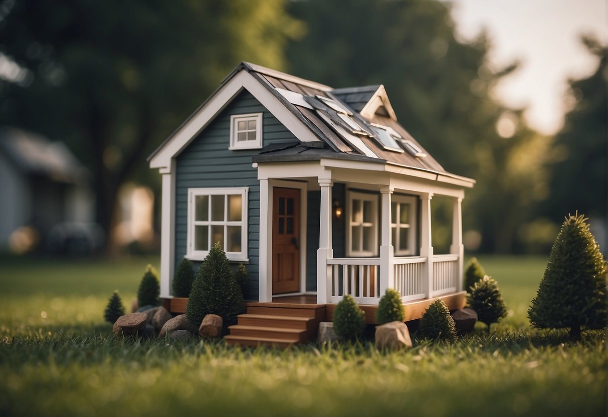 A tiny house sits on a grassy lot, surrounded by trees. A price tag dangles from the front porch