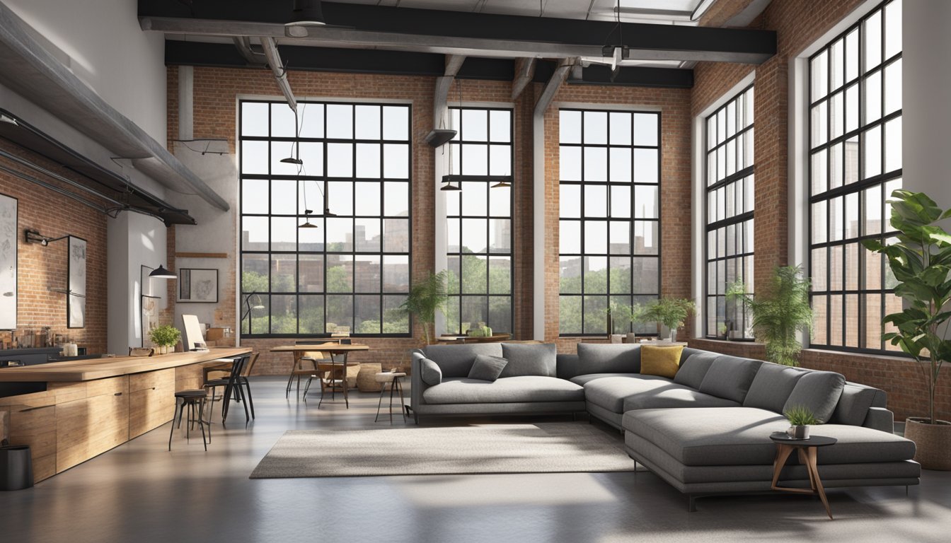 A spacious loft with exposed brick walls, metal beams, and concrete floors. Large windows flood the room with natural light, showcasing minimalist furniture and industrial lighting fixtures