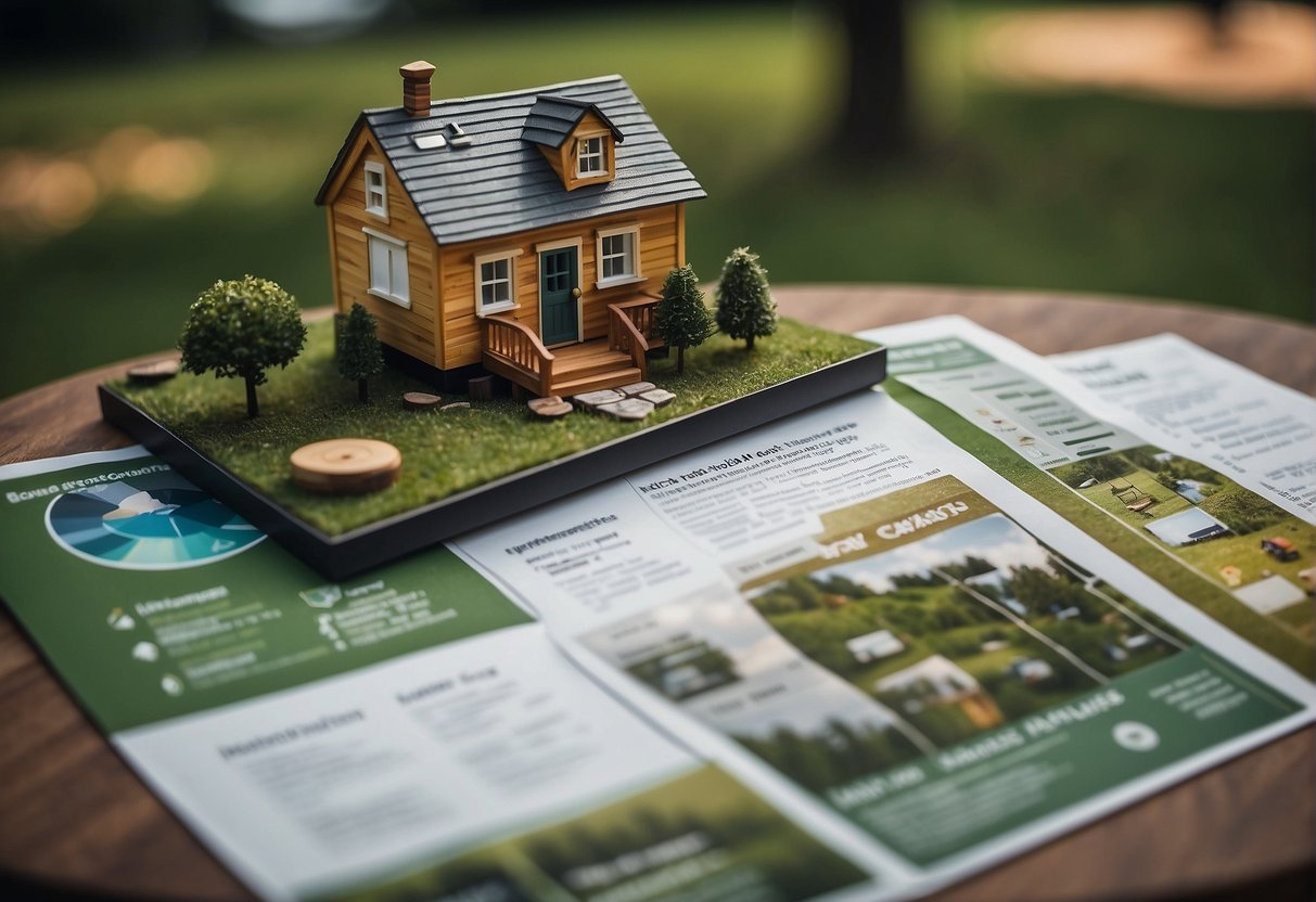 A tiny house sits on a grassy lot, surrounded by trees. A cost breakdown chart is displayed next to it, showing the various expenses involved in building and owning a tiny house