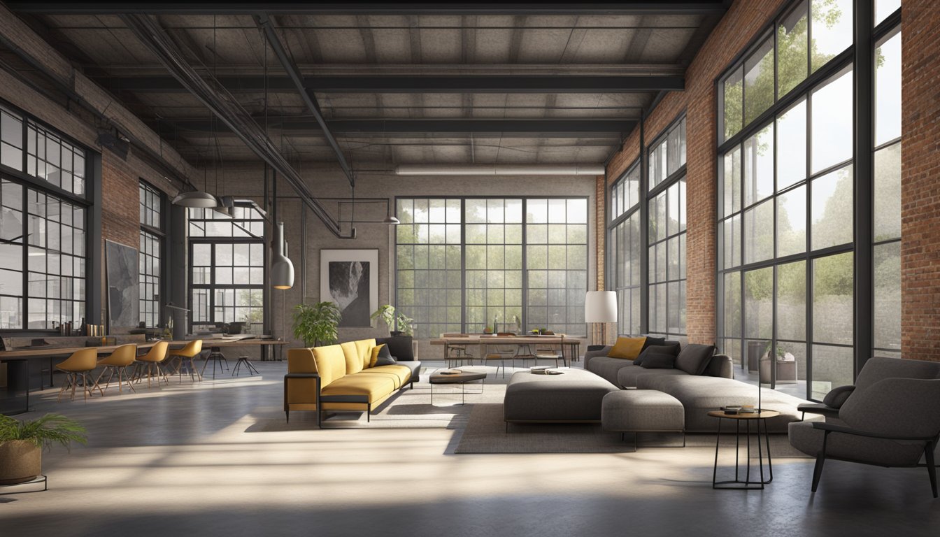 An industrial-style interior with exposed brick, metal beams, concrete floors, and minimalist furniture. Large windows let in natural light, casting shadows on the raw materials