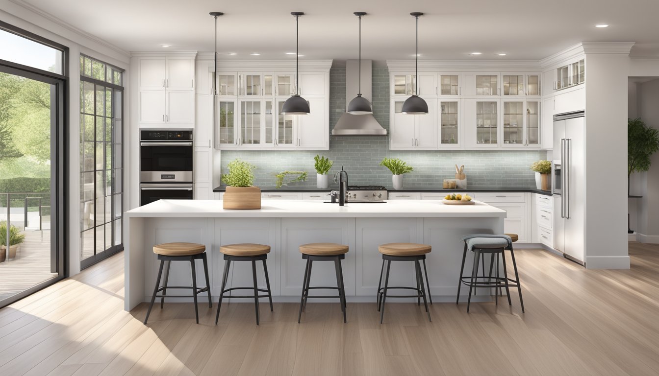 A modern open concept kitchen with sleek, white cabinets, stainless steel appliances, and a large island with bar stools. The space is bright and airy, with natural light streaming in from the windows