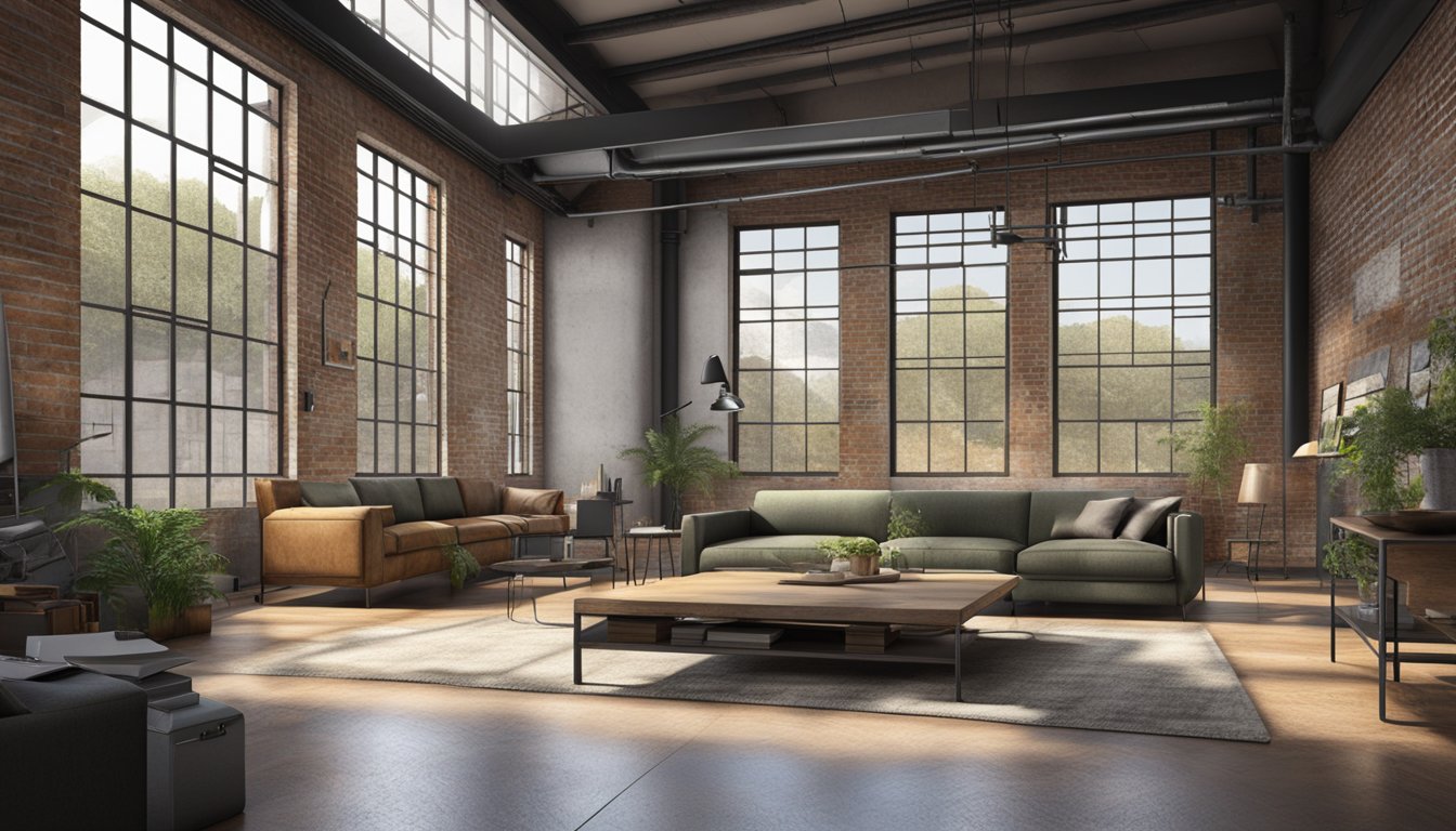 An industrial-style interior with exposed brick walls, metal beams, and minimalist furniture. Large windows let in natural light, highlighting the raw and rugged aesthetic