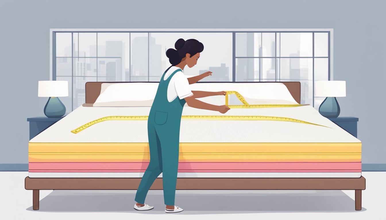 A person measures the dimensions of a super single mattress in centimeters