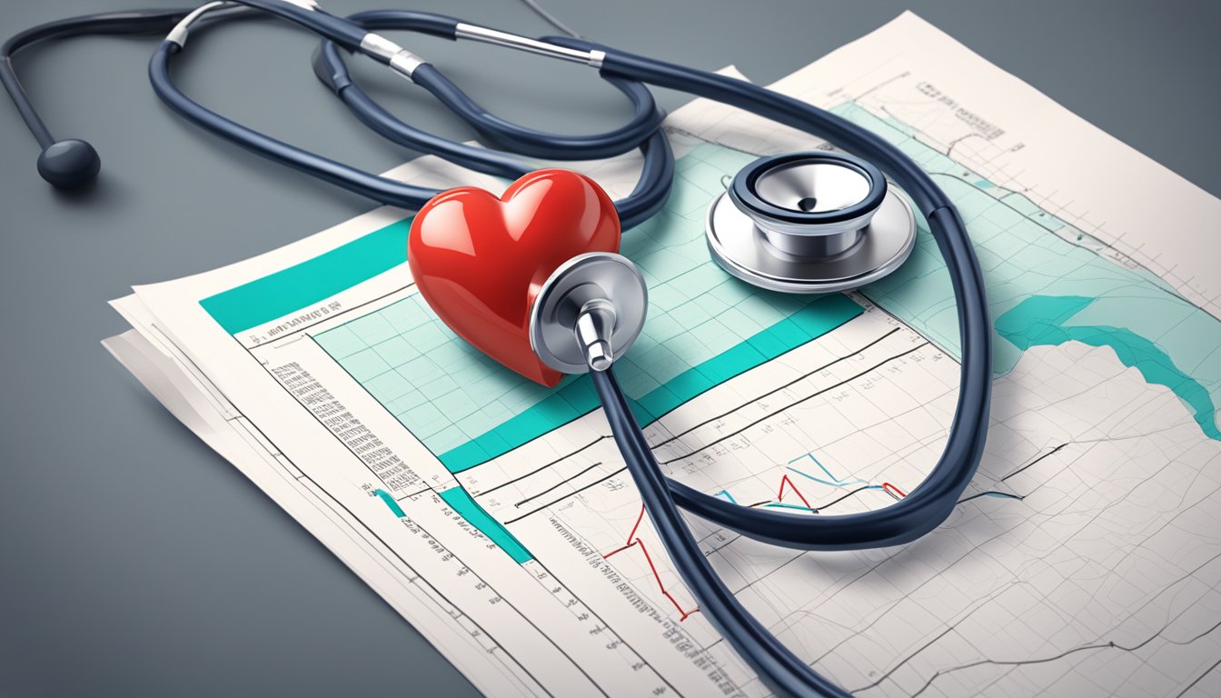 A stethoscope listening to a beating heart with a medical chart showing prognosis and future directions for treating adhf heart failure