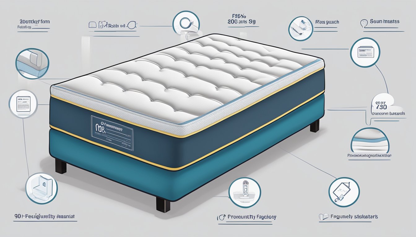 A single mattress measuring 90 cm by 200 cm with a "Frequently Asked Questions" label prominently displayed