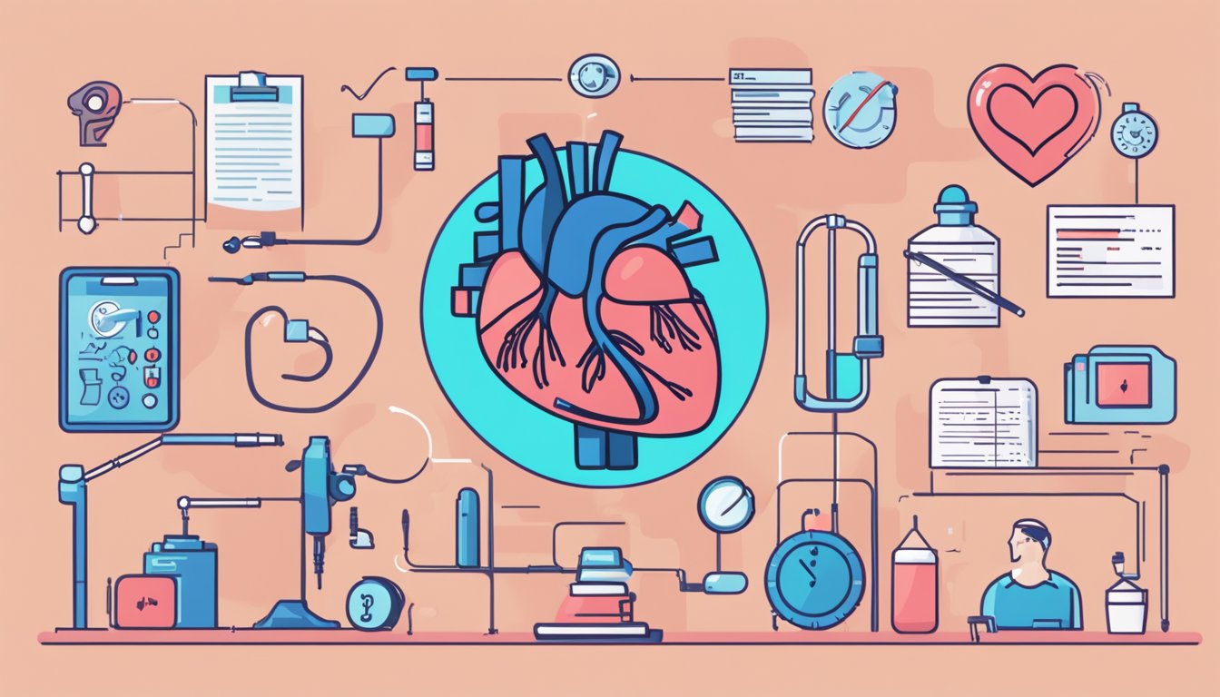 A heart with a question mark hovering above it, surrounded by medical equipment and a list of FAQs about heart failure