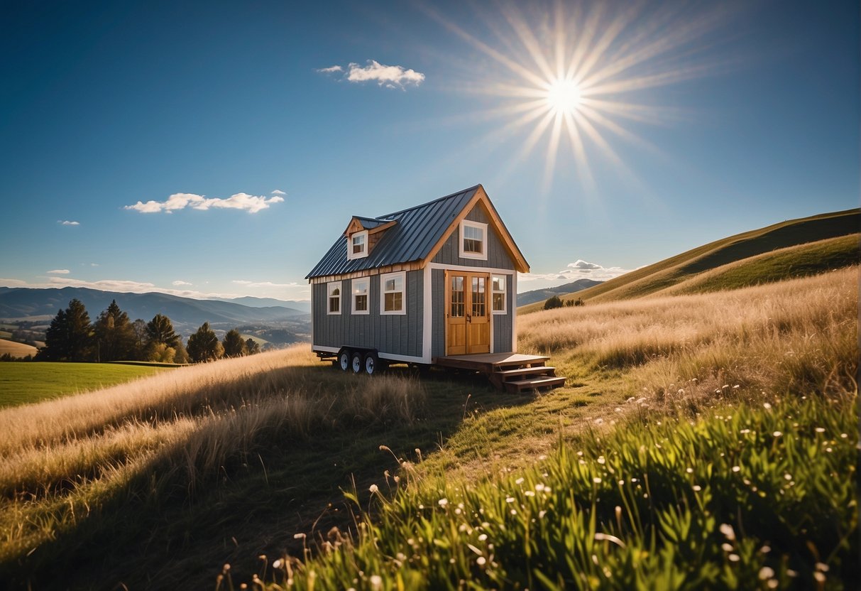 A tiny house sits against a backdrop of rolling hills and a clear blue sky. The sun shines down, casting a warm glow on the small, cozy home