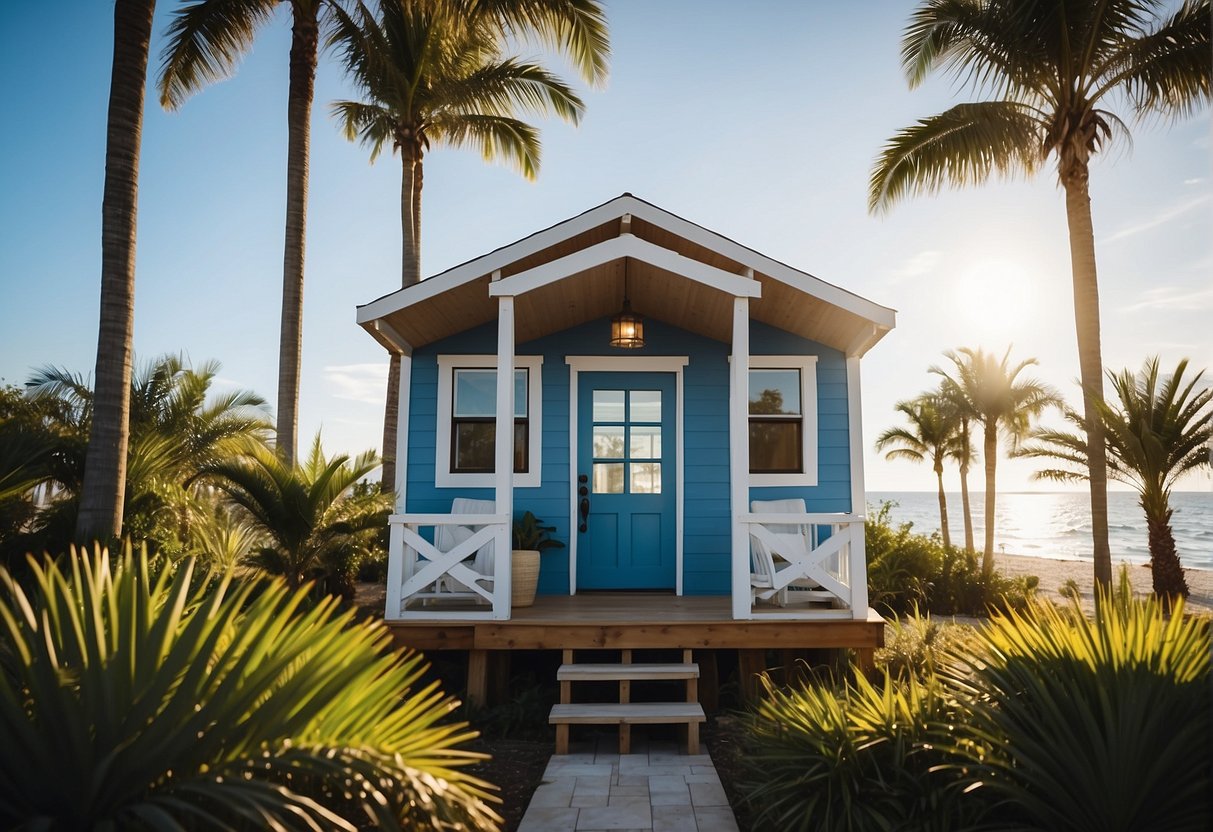 A tiny house nestled among palm trees in sunny Florida, with a backdrop of blue skies and a gentle ocean breeze