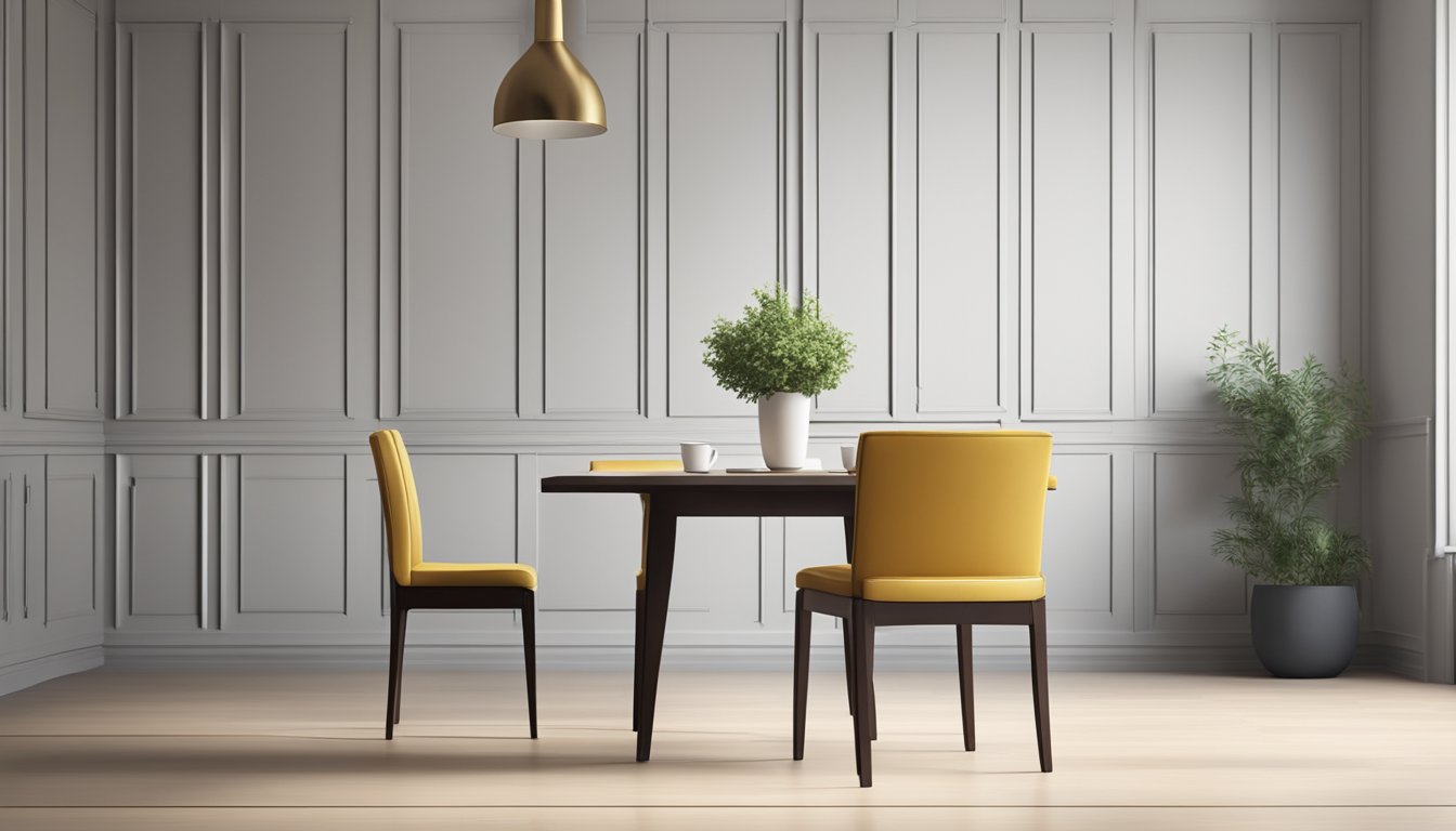 A single dining chair stands in a well-lit room, surrounded by empty space. The chair is sleek and modern, with a comfortable cushioned seat and stylish backrest