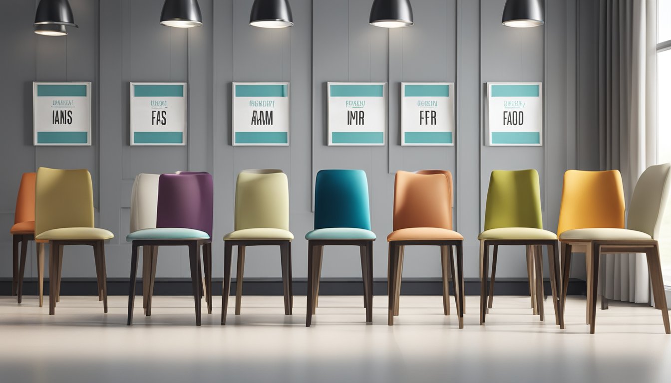 A row of modern dining chairs displayed in a showroom with a "Frequently Asked Questions" sign