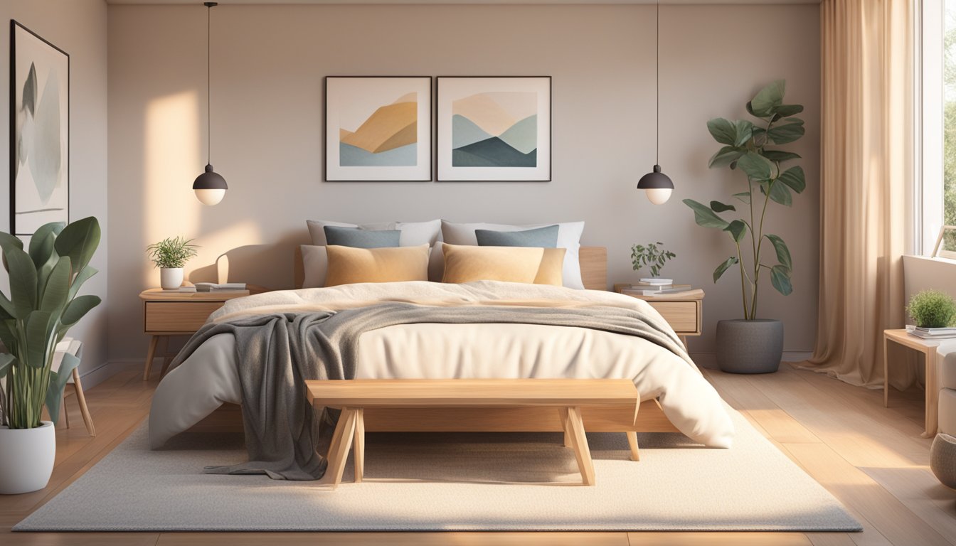 A cozy bedroom with a divan bed frame as the focal point, surrounded by soft pillows and a warm throw blanket. The room is filled with natural light, creating a tranquil and inviting atmosphere