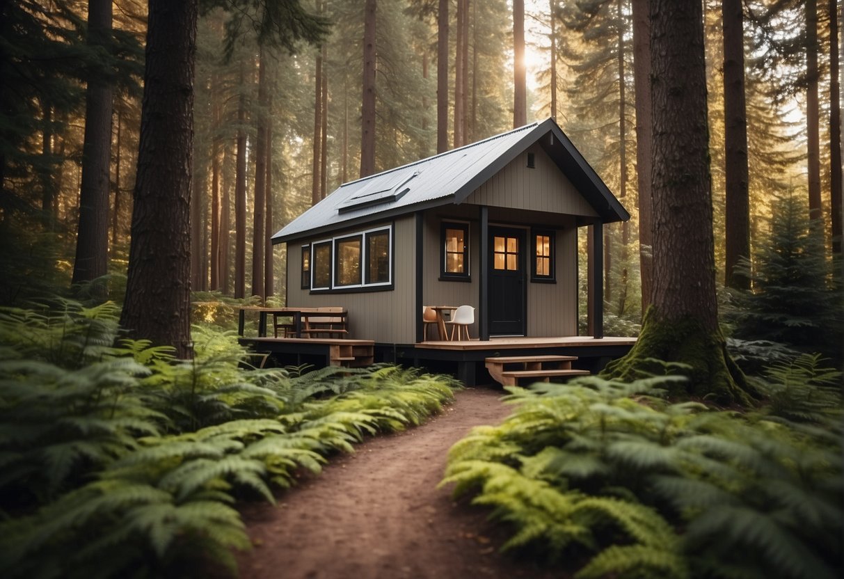 A small, cozy tiny house nestled among tall trees in a serene forest clearing, with a winding path leading up to the front door