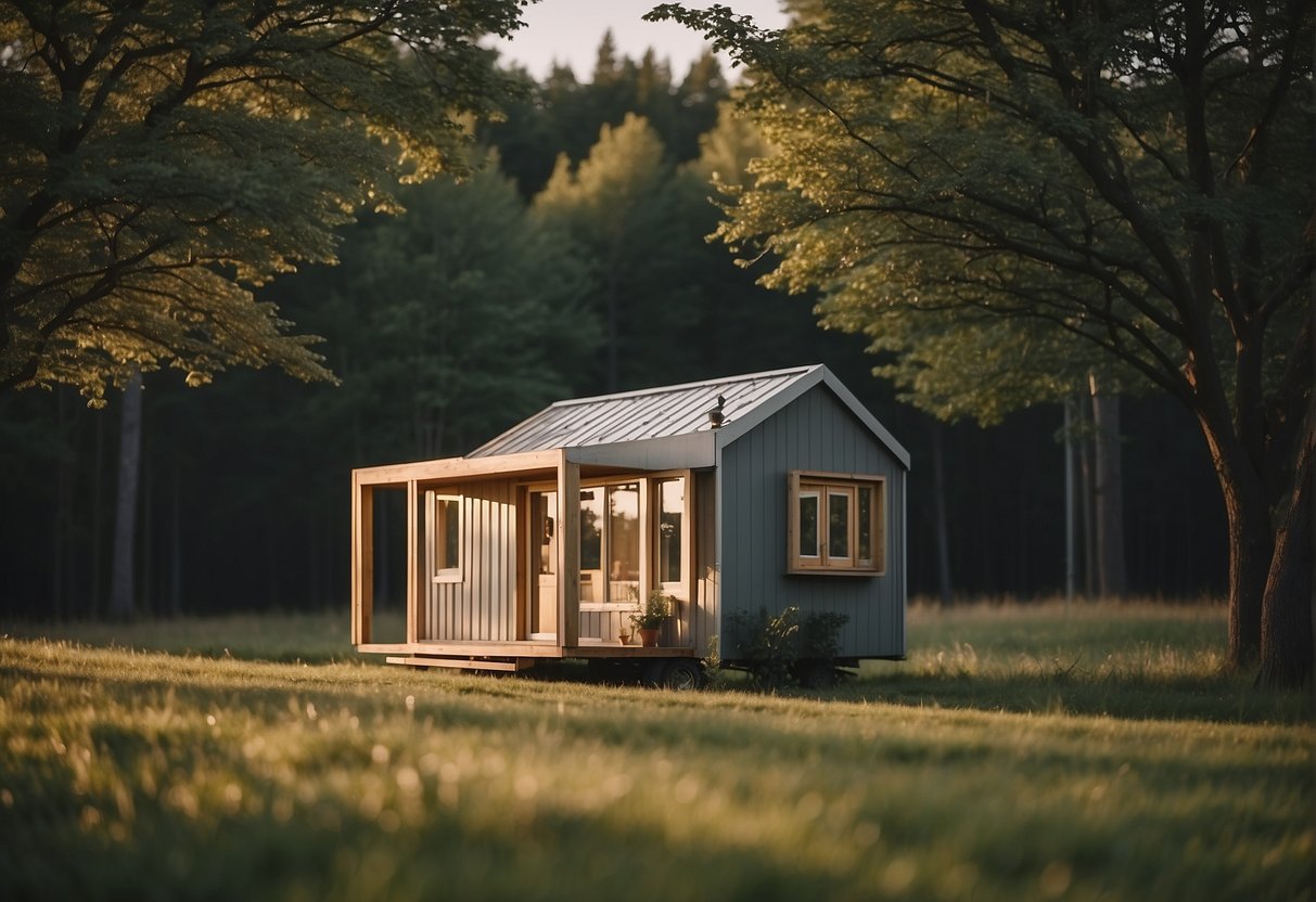 A tiny house nestled in a serene countryside, surrounded by trees and open space, with a clear view of the horizon