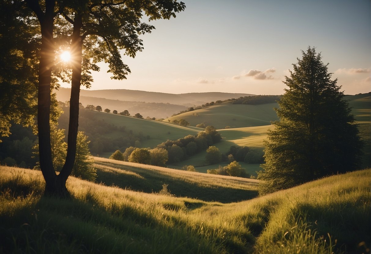 A serene countryside with rolling hills, a small clearing surrounded by tall trees, and a gentle stream nearby