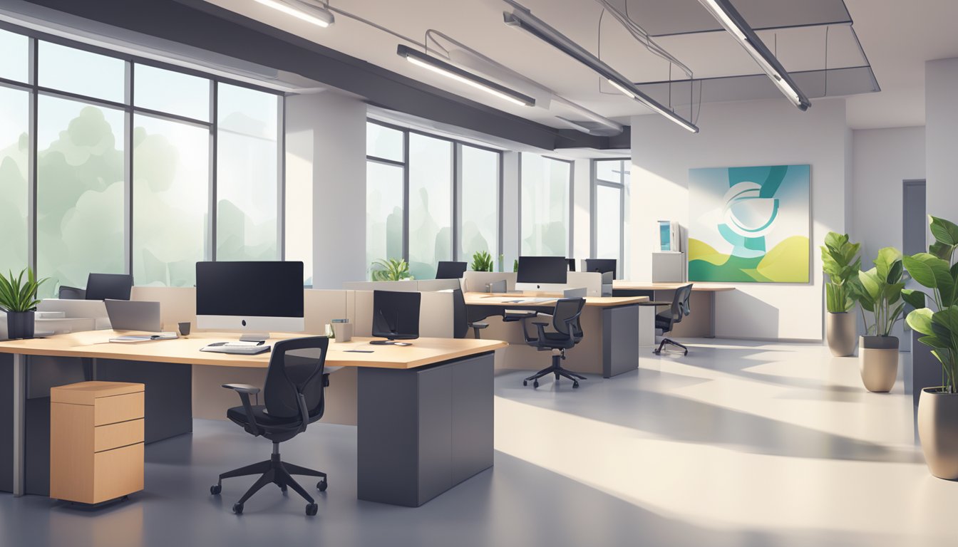 A modern office space with the company logo prominently displayed on the wall. Clean, organized desks and computer screens. Bright, natural lighting