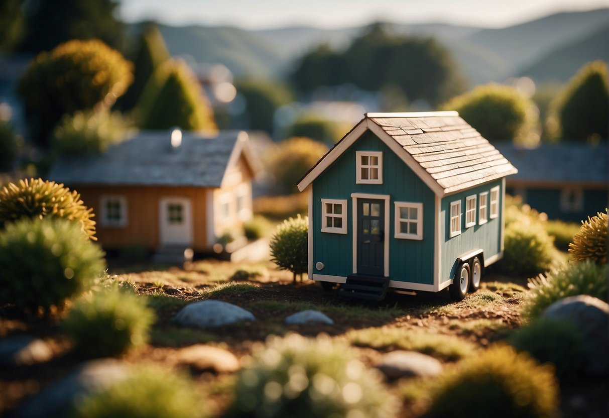 A tiny house surrounded by various landscapes - urban, rural, and coastal - with a question mark hovering above, symbolizing the search for suitable locations