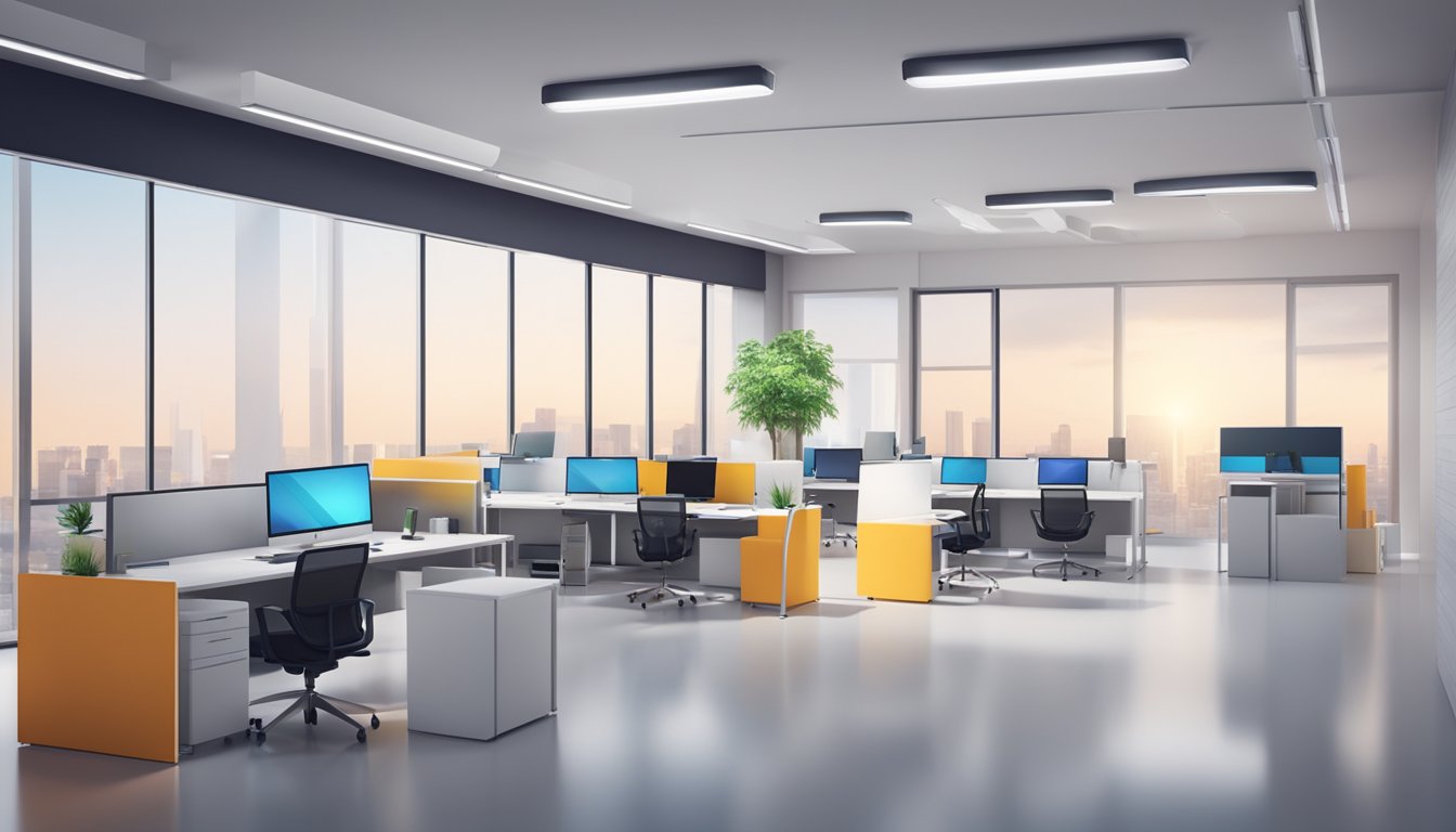 A modern office space with the company logo prominently displayed on the wall. A sleek, professional atmosphere with minimalistic decor and high-tech equipment