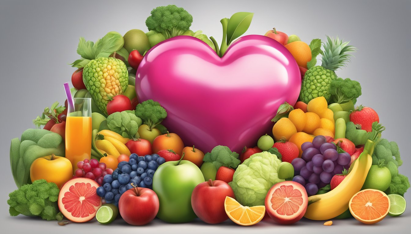 A healthy heart surrounded by vibrant fruits, vegetables, and exercise equipment. A heart-shaped symbol radiates health and vitality