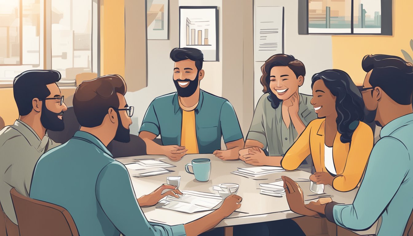 A group of people are gathered around a table, engaged in conversation and smiling. A banner with the words "Client Engagement & Satisfaction" hangs on the wall