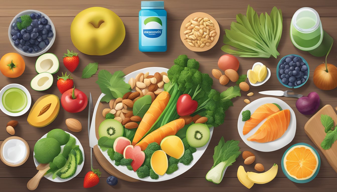 A table with a variety of heart-healthy foods, such as fruits, vegetables, nuts, and fish, along with a bottle of Blackmores Heart Health supplements