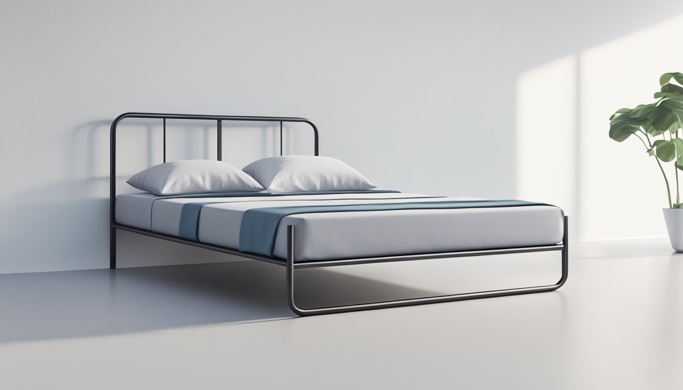 A simple metal bedframe stands against a plain white wall, with clean lines and minimalistic design