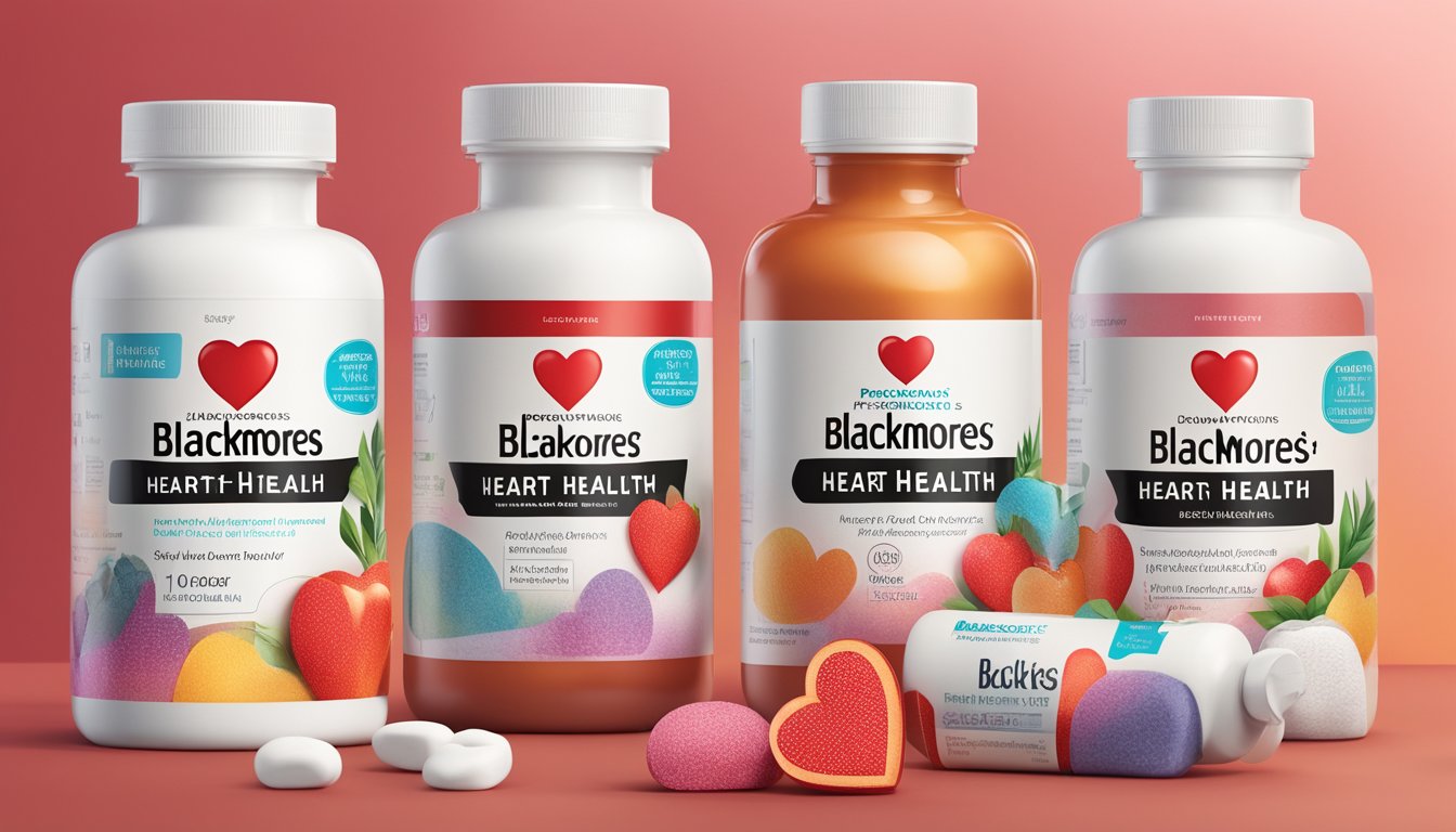 A bottle of Blackmores Heart Health Products stands on a bright, clean surface, surrounded by images of healthy hearts and vibrant red colors