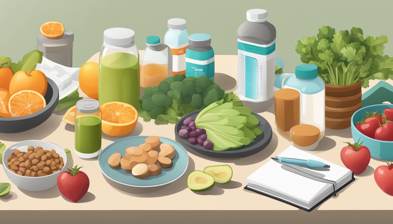 A table set with a variety of heart-healthy foods, surrounded by exercise equipment and a bottle of Blackmores heart health supplements