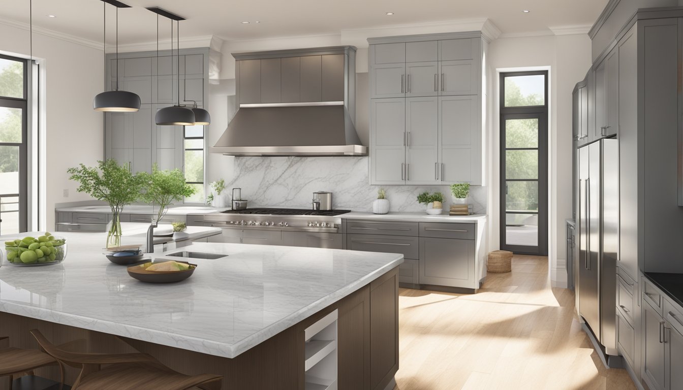 A sleek, open-plan kitchen with stainless steel appliances, marble countertops, and minimalist cabinetry. Natural light floods in through large windows, illuminating the clean, contemporary design