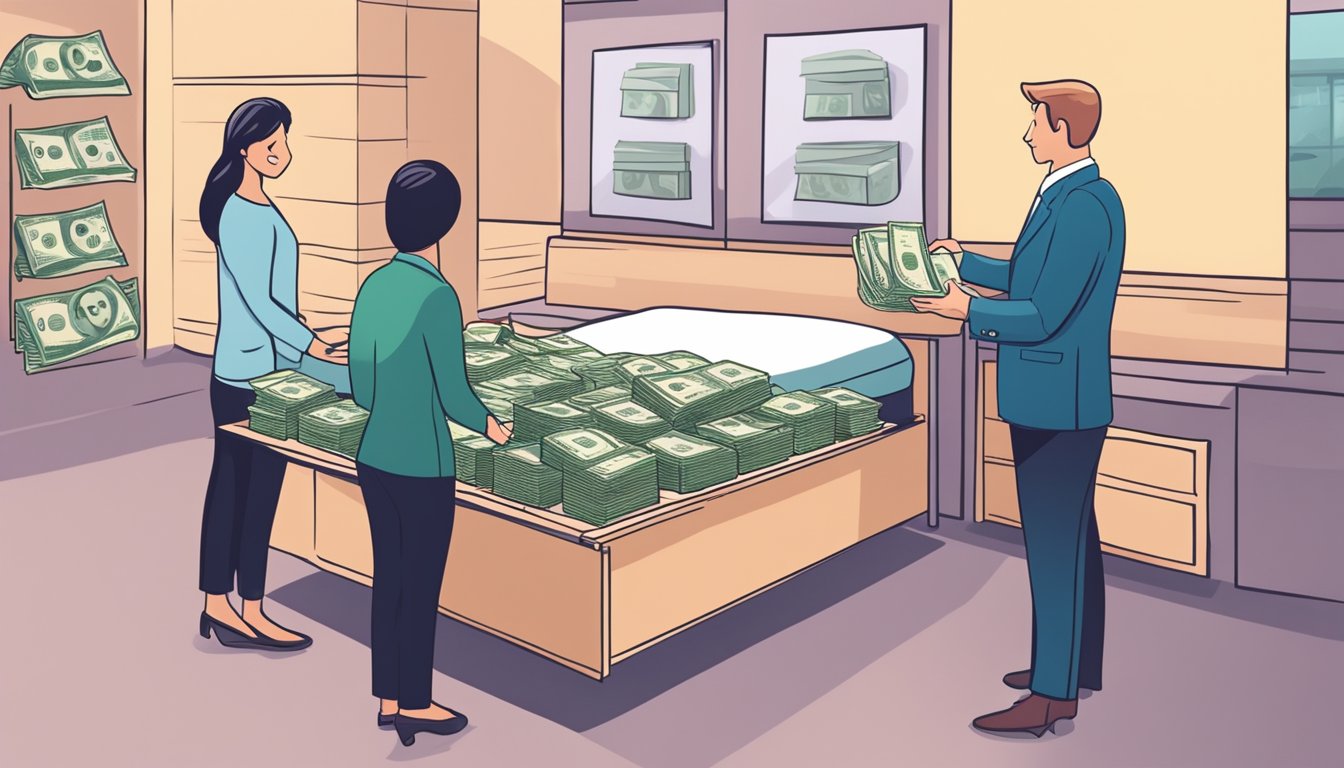 A customer hands over money to a salesperson, standing in front of a bedframe display in a store