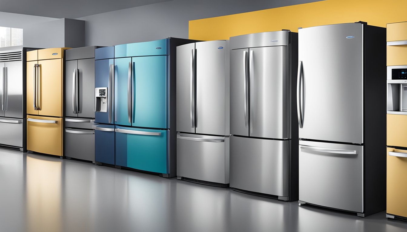 A lineup of top refrigerator brands and models displayed on a showroom floor
