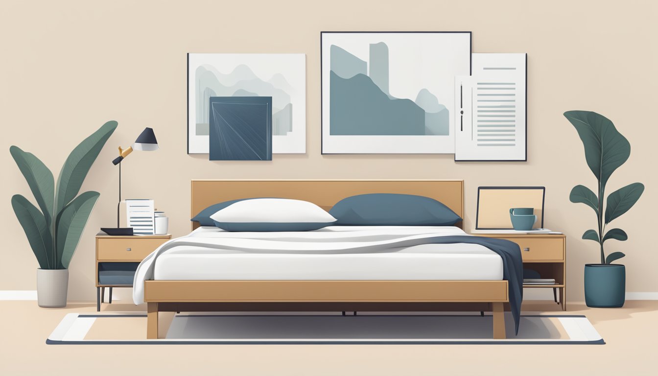 A simple bedframe with clean lines and minimalistic design, surrounded by a stack of FAQ sheets and a laptop