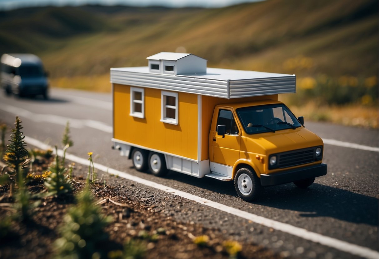 A tiny house on wheels being transported by a truck on a highway