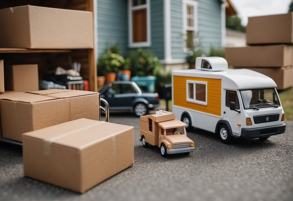 A tiny house on wheels being towed by a truck, surrounded by moving boxes and packing supplies. A map and calculator show the cost of the move