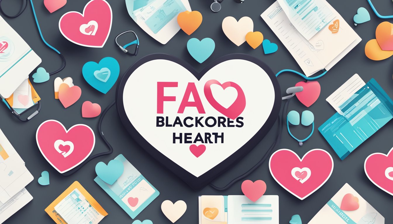 A stack of FAQ cards with "Blackmores Heart Health" in bold, surrounded by heart-shaped icons and a stethoscope