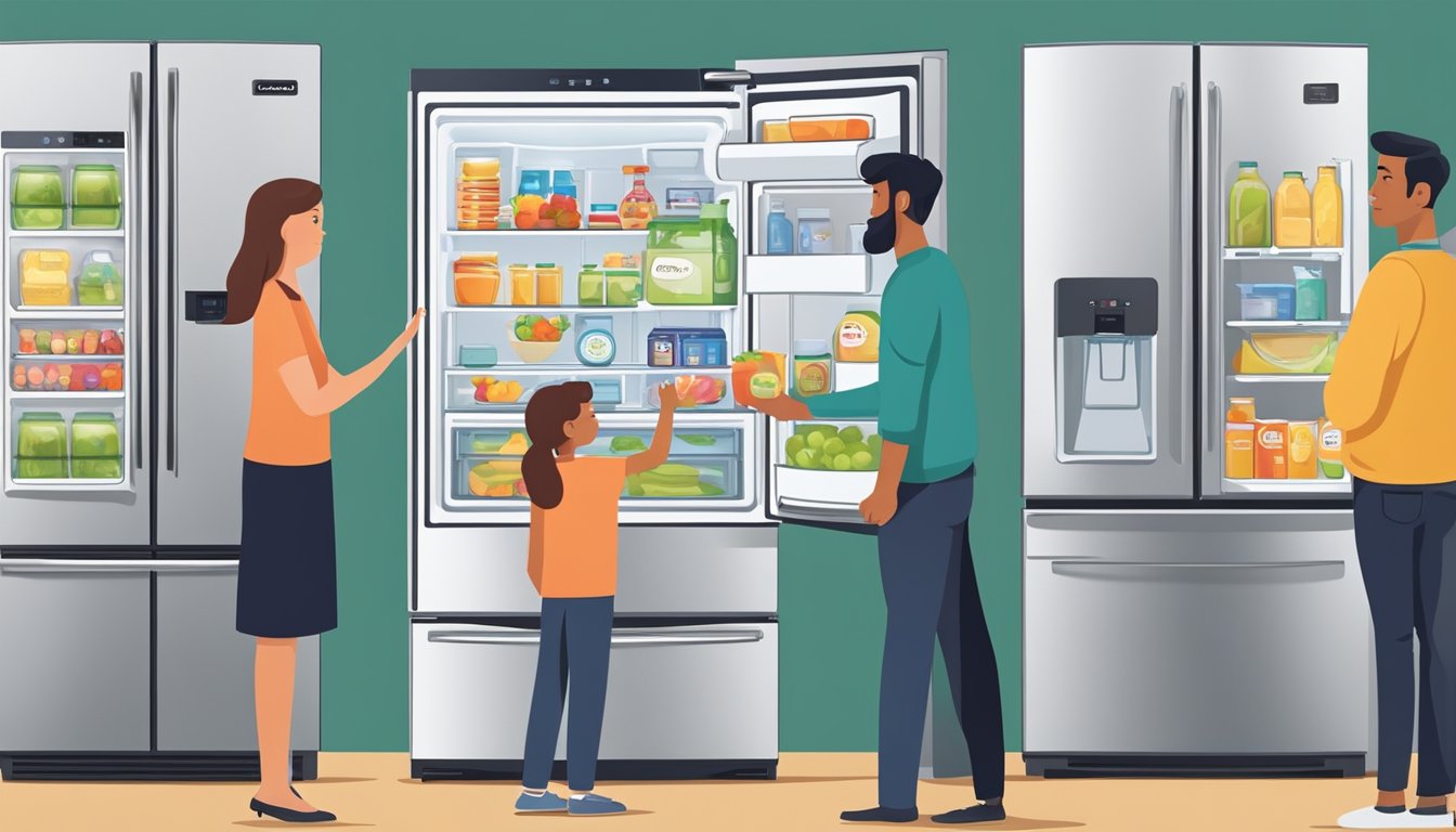 A family stands in front of a row of refrigerators, comparing features and prices. Labels of top refrigerator brands are visible on the appliances