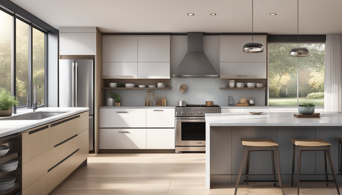 A sleek kitchen with clean lines, stainless steel appliances, and a large island with a quartz countertop. Natural light streams in through large windows, highlighting the minimalist design