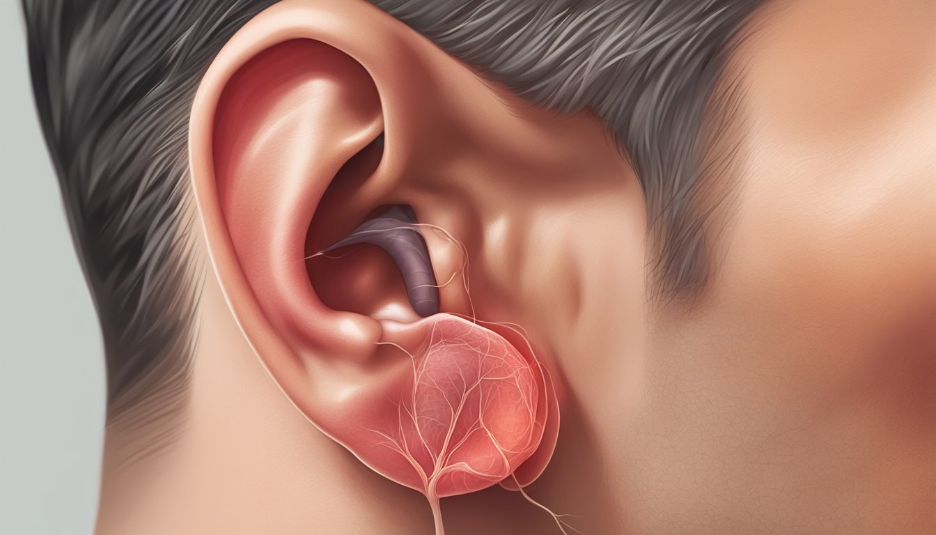 A red, swollen earlobe with visible veins, indicative of heart disease