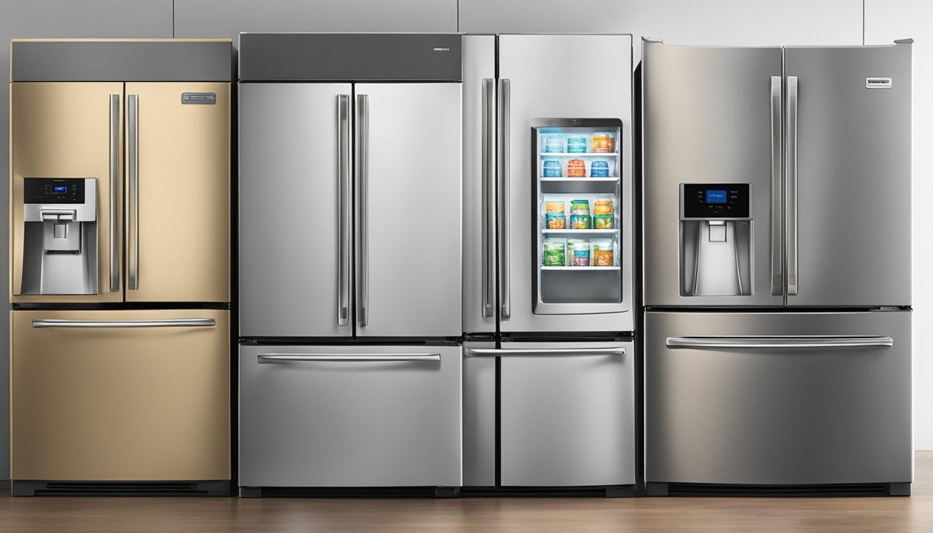 A lineup of top refrigerator brands, labeled "Frequently Asked Questions," with logos and sleek designs, displayed on a showroom floor
