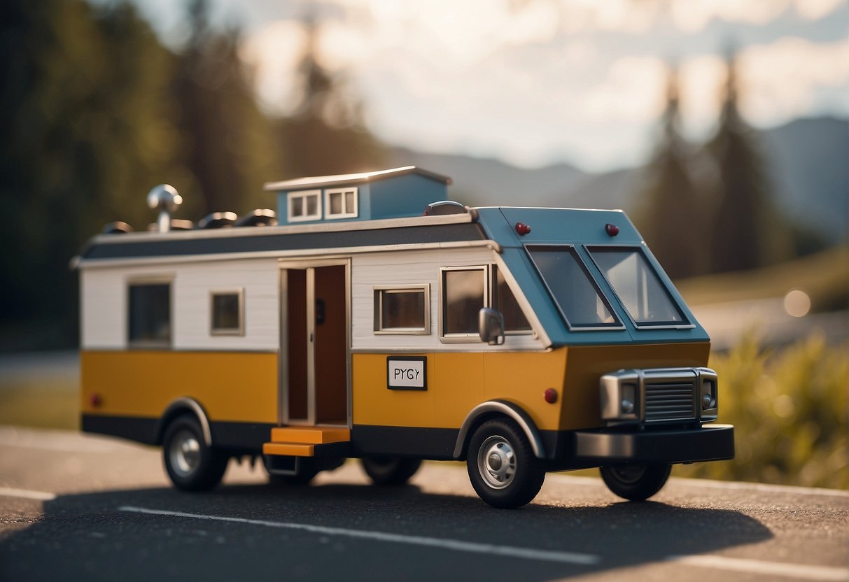 A tiny house on wheels being transported by a moving truck on a highway, with a price tag and a question mark hovering above it