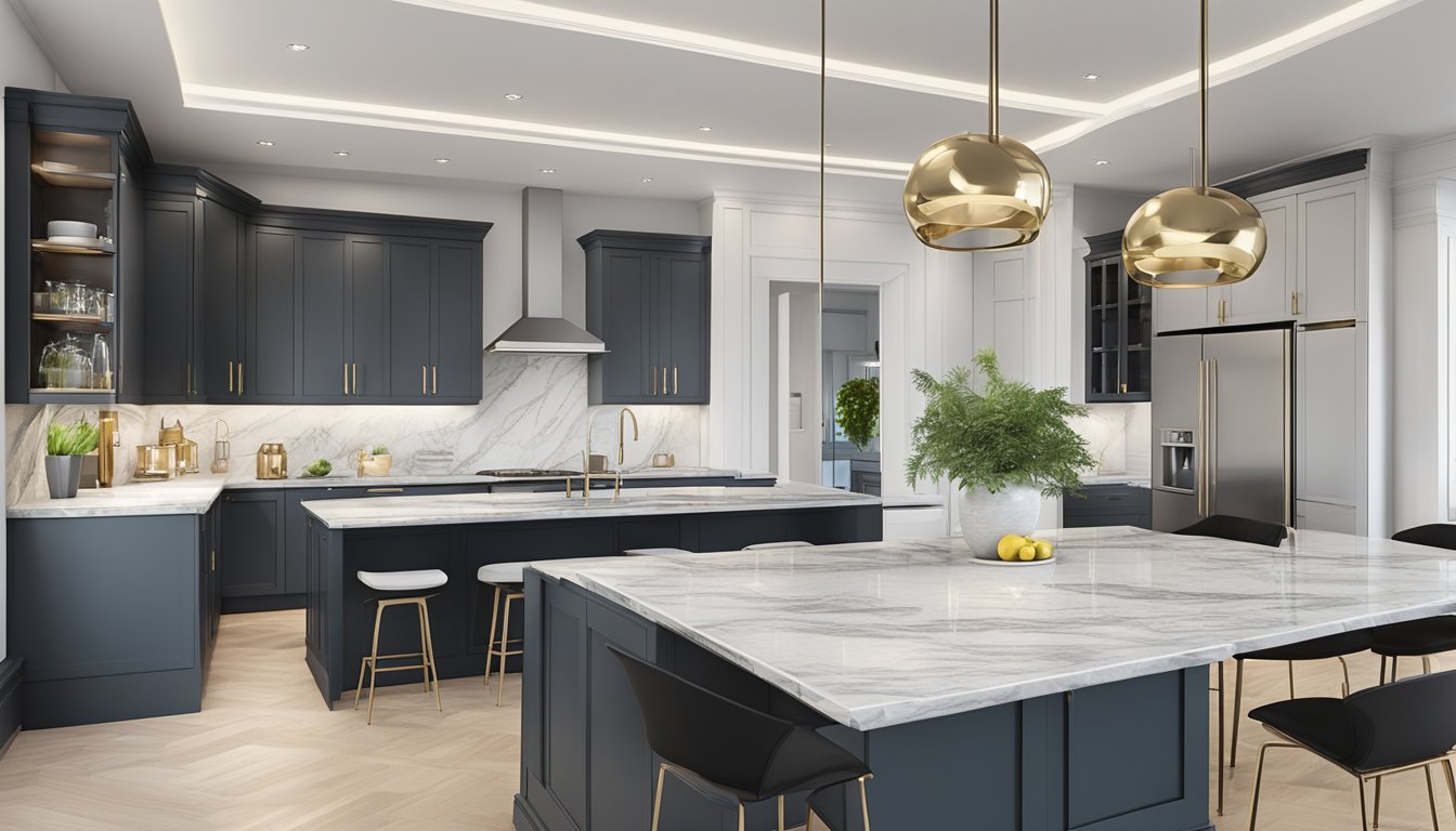 The modern kitchen features sleek, minimalist cabinets, a large island with a marble countertop, and pendant lighting. The color scheme is monochromatic with pops of metallic accents