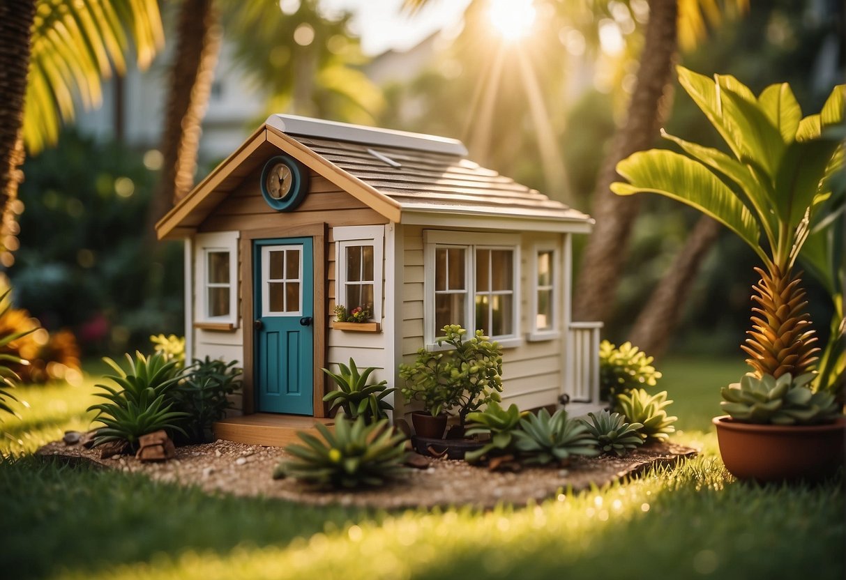 A tiny house sits in a lush Florida landscape, surrounded by palm trees and vibrant greenery. The sun shines down on the quaint structure, casting a warm glow over the scene