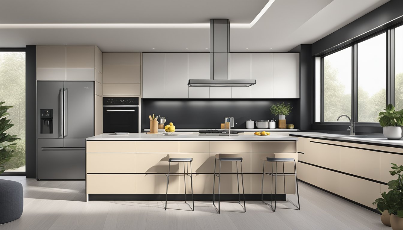 A sleek, minimalist kitchen with clean lines, state-of-the-art appliances, and ample storage. The color scheme is neutral with pops of bold accents