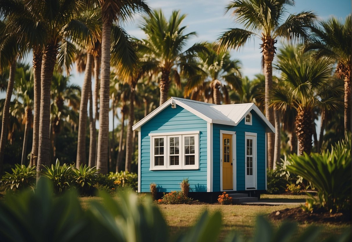 A tiny house nestled in a lush Florida landscape, surrounded by palm trees and a clear blue sky