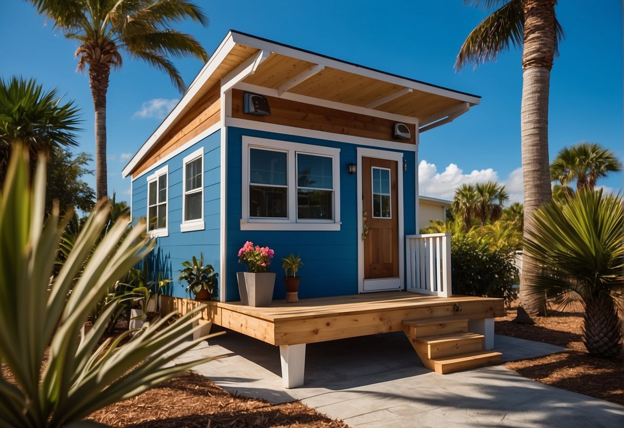 A tiny house in Florida is surrounded by palm trees and a clear blue sky. A price tag is displayed nearby, with various financing options listed