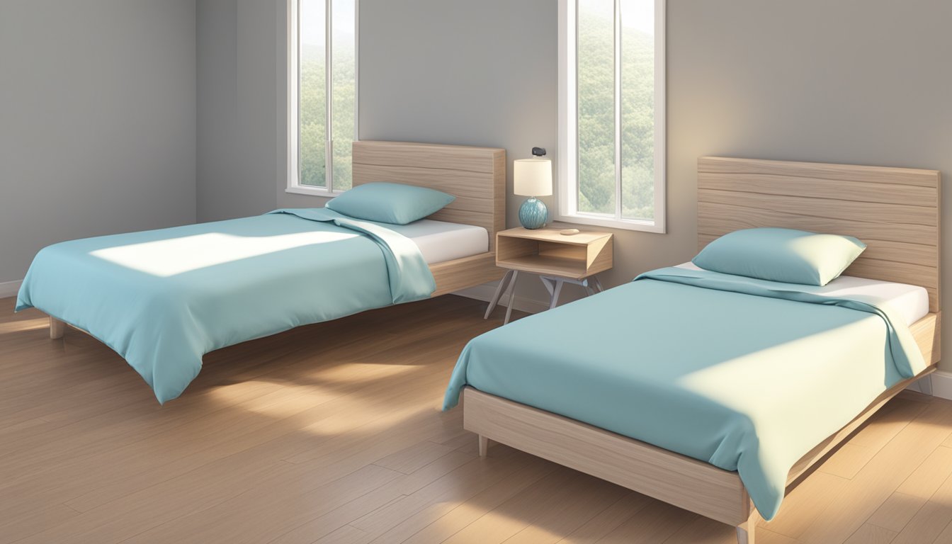 Two beds side by side: one single, one super single. Both neatly made with matching beddings and pillows