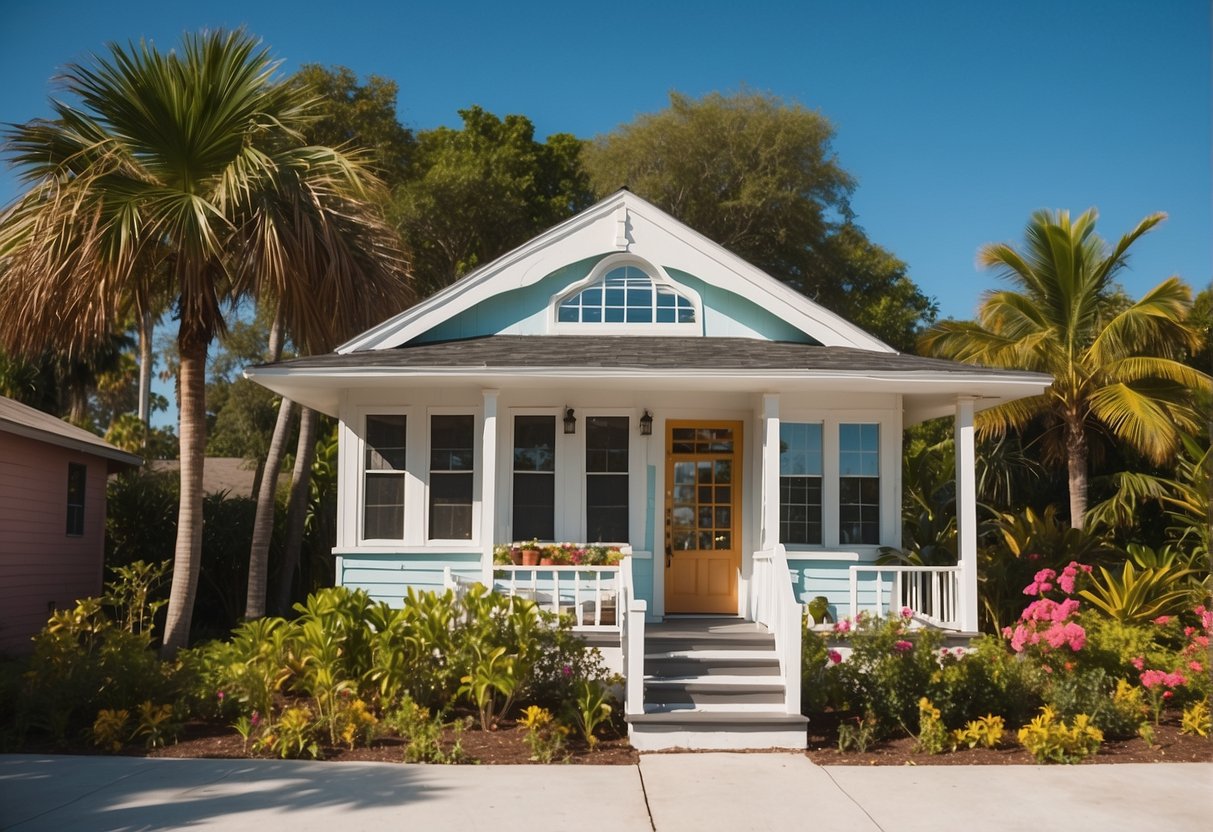 A tiny house in Florida sits under a clear blue sky, surrounded by lush green palm trees and colorful tropical flowers. The small but charming home exudes a sense of tranquility and relaxation