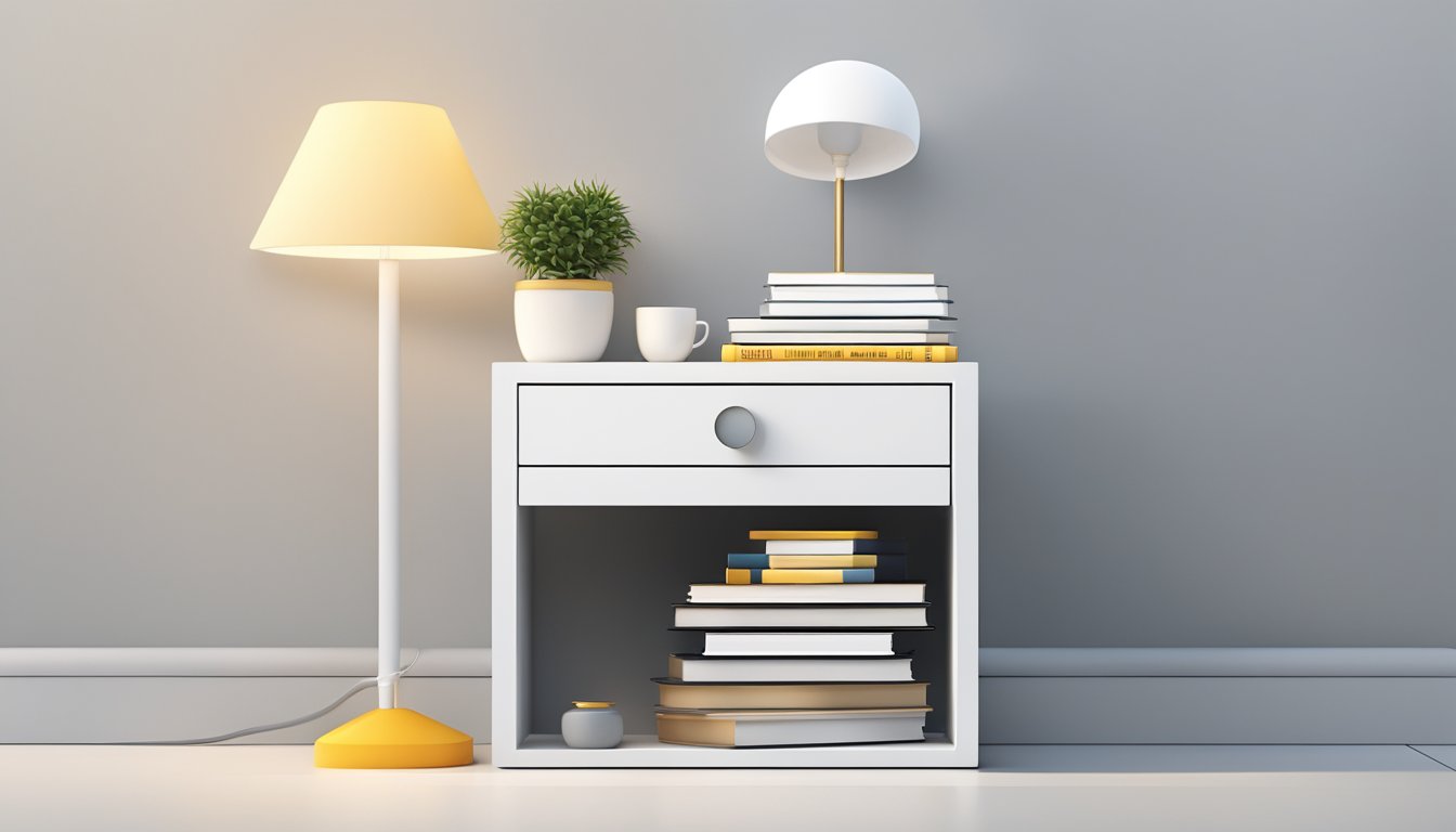 A modern white bedside table with clean lines and a sleek design, adorned with a small lamp and a stack of books